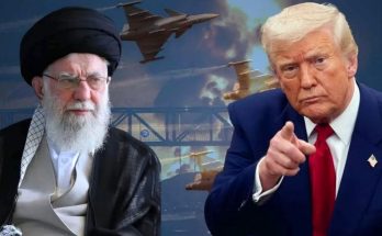 donald Trump pointing finger beside Iranian Supreme Leader Ali Khamenei with fighter jets