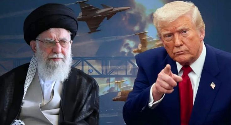 donald Trump pointing finger beside Iranian Supreme Leader Ali Khamenei with fighter jets