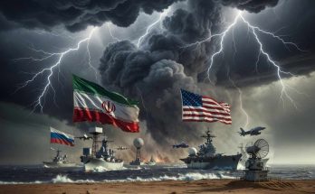 iranian, American and Russian flags flying above warships in stormy seas with lightning