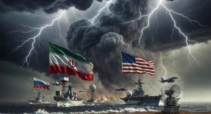 iranian, American and Russian flags flying above warships in stormy seas with lightning