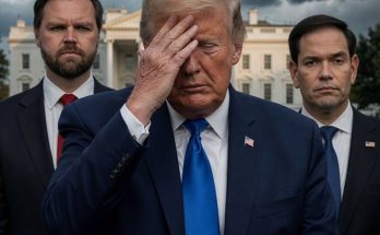 donald Trump covers his face with hand while standing between J.D. Vance and Marco Rubio