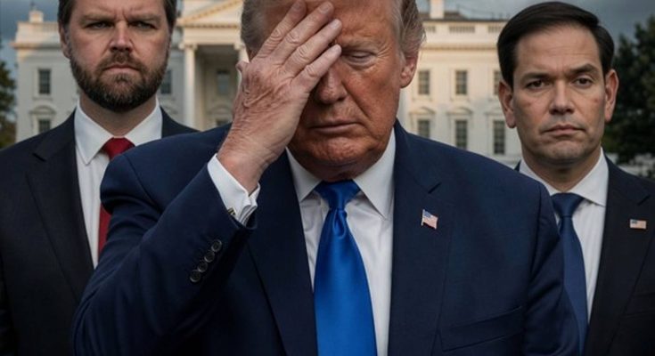 donald Trump covers his face with hand while standing between J.D. Vance and Marco Rubio