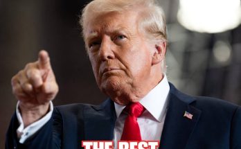 donald Trump pointing finger at camera wearing dark suit red tie with THE BEST text