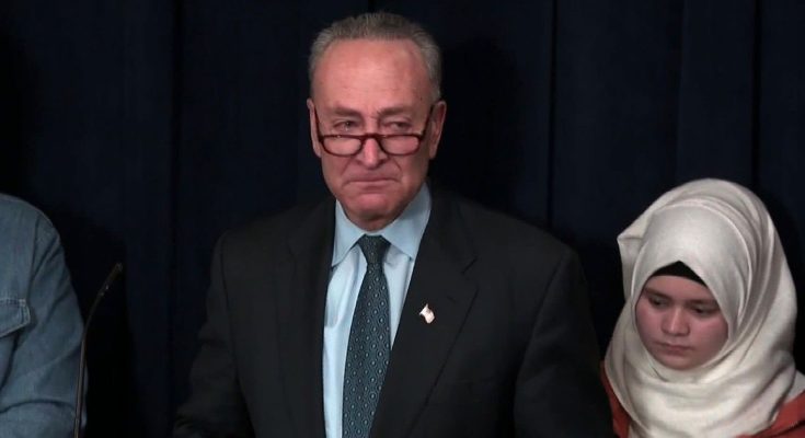 senator Chuck Schumer wearing glasses and dark suit stands beside young woman in cream