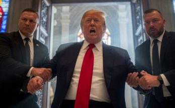 donald Trump in red tie being escorted by two Secret Service agents through ornate