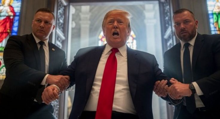 donald Trump in red tie being escorted by two Secret Service agents through ornate