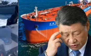 chinese President Xi Jinping with eyes closed touching forehead, COSCO tanker and