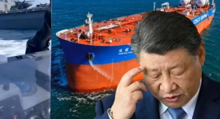 chinese President Xi Jinping with eyes closed touching forehead, COSCO tanker and