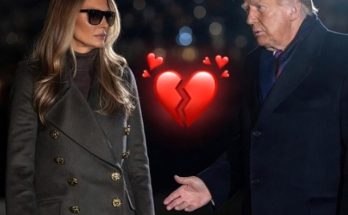 melania Trump wearing sunglasses and gray coat turns away from Donald Trump reaching