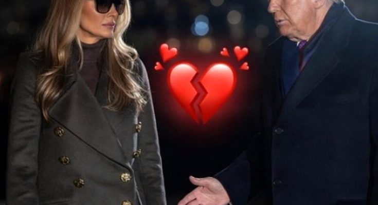 melania Trump wearing sunglasses and gray coat turns away from Donald Trump reaching