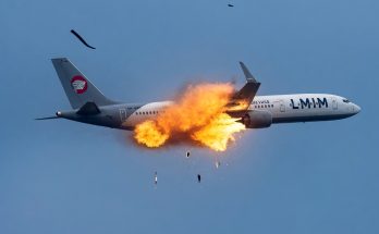 commercial airliner with LMIM livery erupts in flames mid-flight, debris scattering