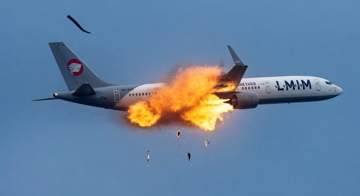 commercial airliner with LMIM livery erupts in flames mid-flight, debris scattering