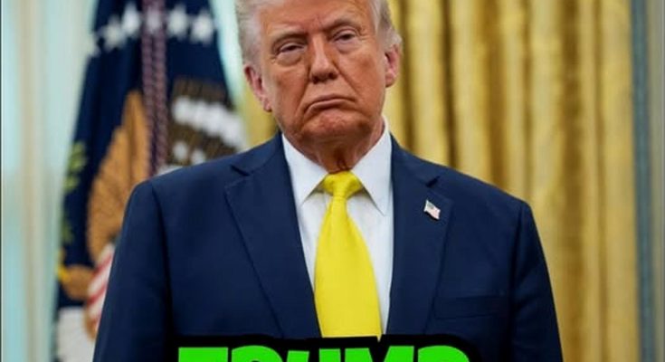 donald Trump in navy suit and yellow tie stands before golden curtains with presidential