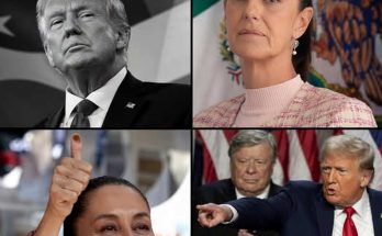 four-panel collage showing Donald Trump and Mexican president Claudia Sheinbaum in