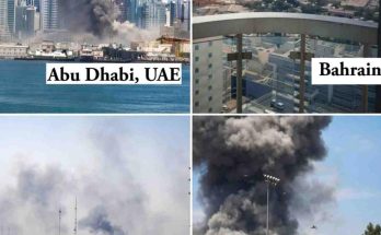 four-panel collage showing thick black smoke plumes rising from industrial fires in Abu