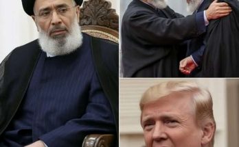 collage showing Iranian cleric in black turban, two bearded men in turbans embracing, and