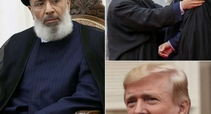 collage showing Iranian cleric in black turban, two bearded men in turbans embracing, and