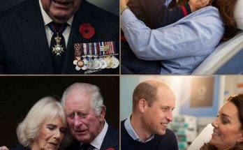 four-panel collage showing King Charles III weeping with military medals, Princess