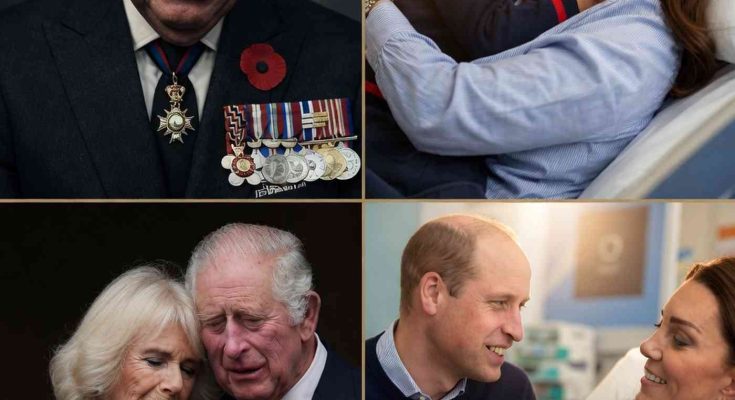four-panel collage showing King Charles III weeping with military medals, Princess