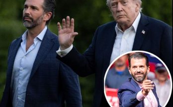 donald Trump waves while walking alongside Donald Trump Jr., with an inset showing Trump