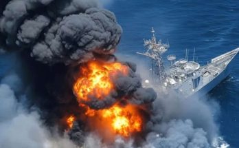 naval frigate engulfed in massive orange flames and thick black smoke billowing over deep