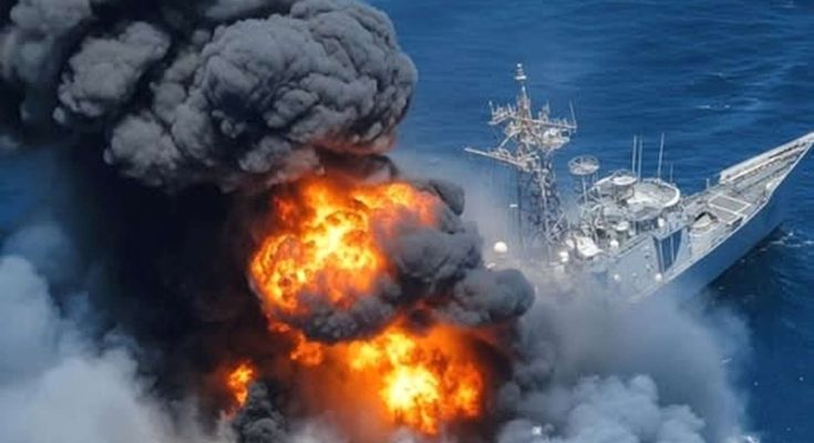 naval frigate engulfed in massive orange flames and thick black smoke billowing over deep