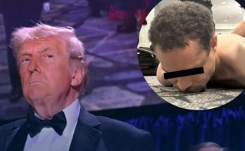 donald Trump in tuxedo beside circular inset of shirtless man with black bar over eyes