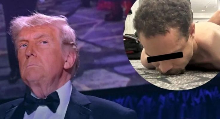 donald Trump in tuxedo beside circular inset of shirtless man with black bar over eyes