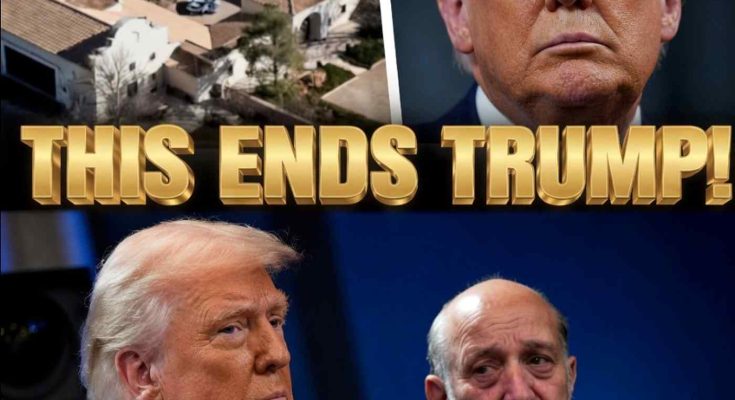 donald Trump appears in multiple frames alongside an aerial view of Mar-a-Lago, with bold