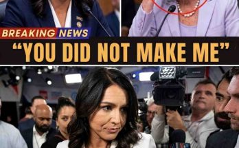 tulsi Gabbard speaking at DNI podium, Nancy Pelosi holding forehead in distress, and