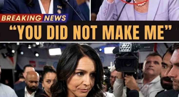 tulsi Gabbard speaking at DNI podium, Nancy Pelosi holding forehead in distress, and