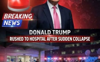 donald Trump portrait above breaking news banner showing hospital emergency entrance with