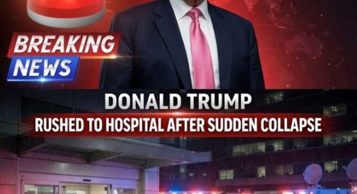 donald Trump portrait above breaking news banner showing hospital emergency entrance with