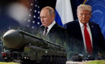 vladimir Putin and Donald Trump with Russian nuclear missile launcher marked 312 on