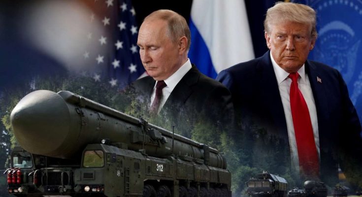 vladimir Putin and Donald Trump with Russian nuclear missile launcher marked 312 on