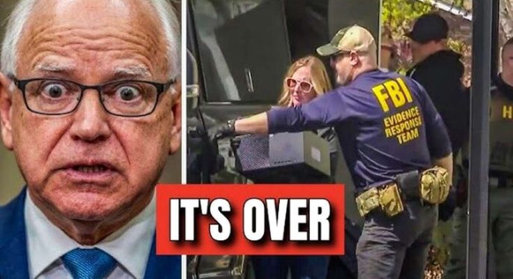 close-up of Minnesota Governor Tim Walz with wide-eyed expression beside FBI Evidence