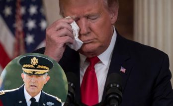 donald Trump wipes his eye with tissue at podium with American flag, inset shows General