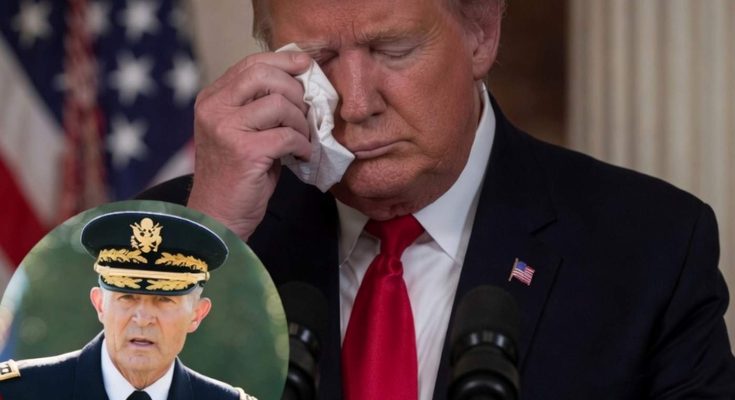 donald Trump wipes his eye with tissue at podium with American flag, inset shows General