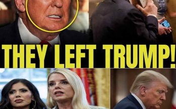donald Trump with circled face, arrow pointing to aide on phone, bold text 'THEY LEFT