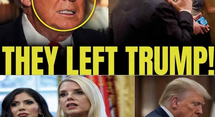 donald Trump with circled face, arrow pointing to aide on phone, bold text 'THEY LEFT