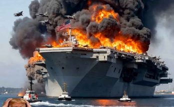 donald Trump reacts in horror as a burning US aircraft carrier with American flag sinks
