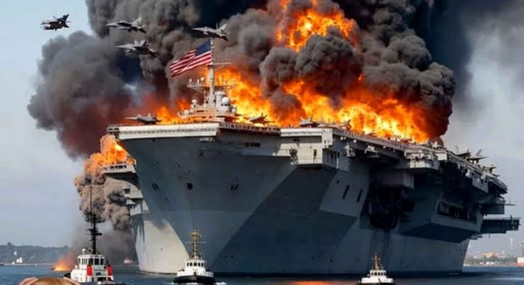 donald Trump reacts in horror as a burning US aircraft carrier with American flag sinks