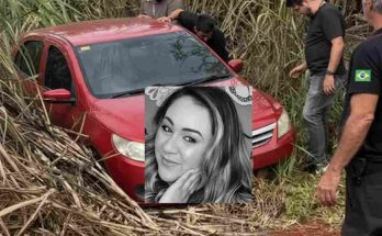 red sedan stuck in sugarcane field with investigators examining scene and inset portrait