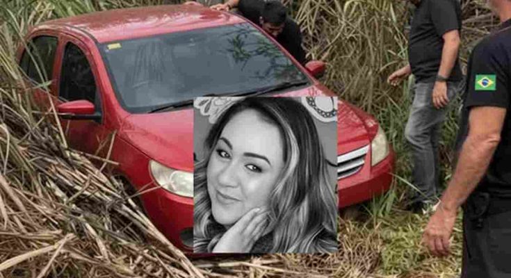 red sedan stuck in sugarcane field with investigators examining scene and inset portrait